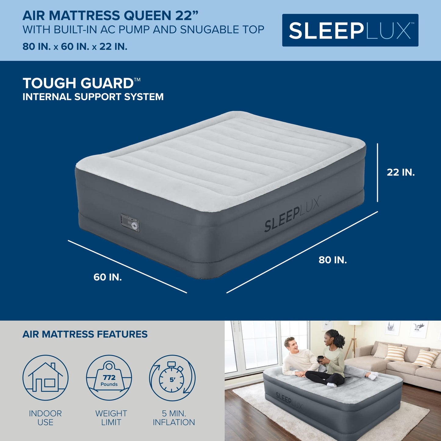 SleepLux Queen Air Mattress | Supersoft Snugable Top, Extra Durable Tough Guard with Built-in Pillow | Raised 22" Airbed with Built in Pump + USB Charger, Grey (69093E)