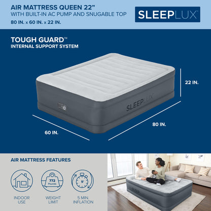 SleepLux Queen Air Mattress | Supersoft Snugable Top, Extra Durable Tough Guard with Built-in Pillow | Raised 22" Airbed with Built in Pump + USB Charger, Grey (69093E)