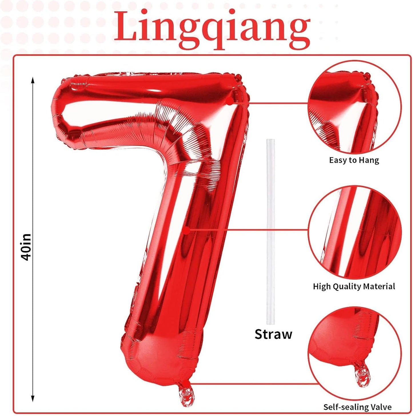 Skiennix 40-Inch Red Number 7 Balloon - Large Self-Inflating Foil Birthday Decoration for Parties