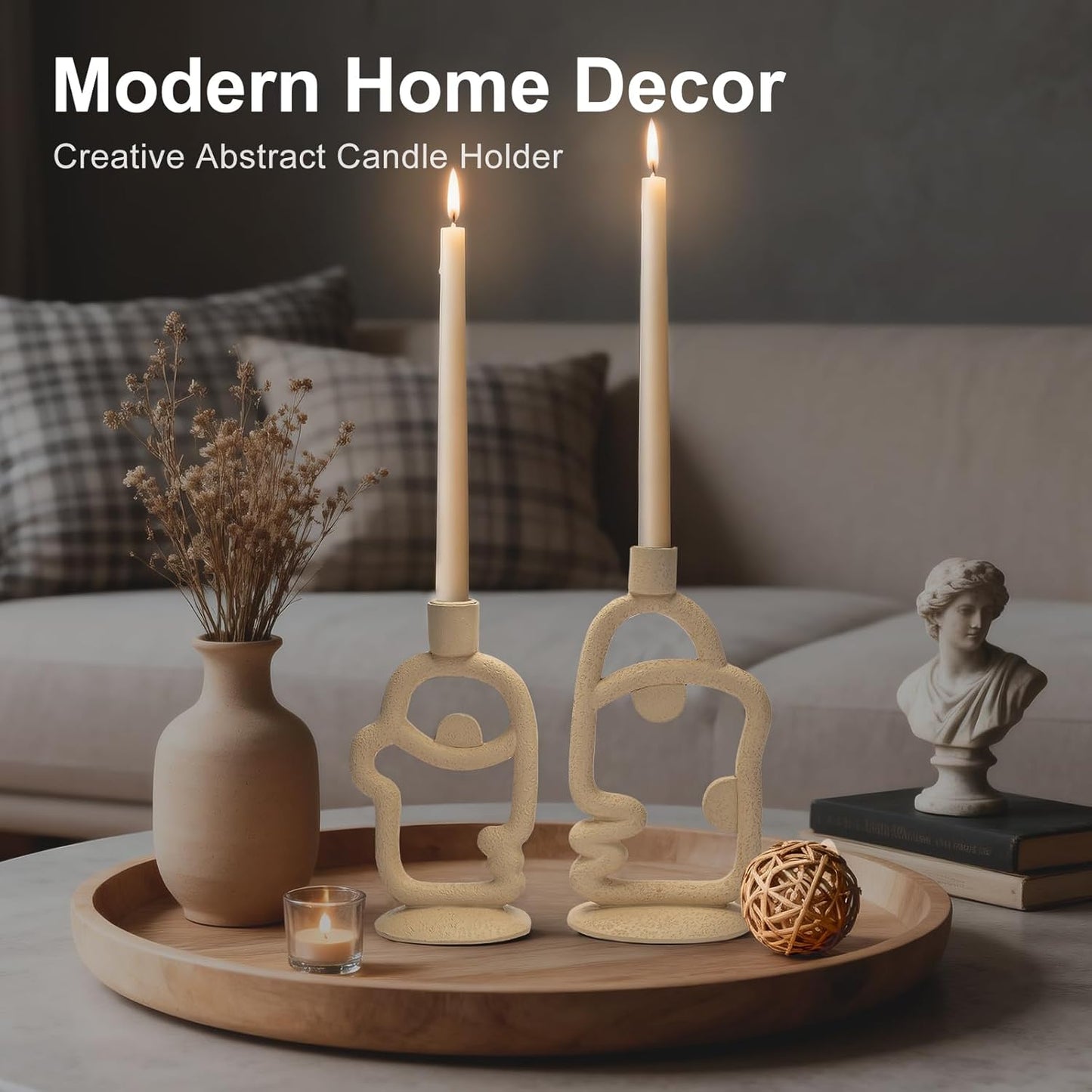 Skiennix Face Decorative Taper Candle Holder - Modern Abstract Design | Beige Tall Centerpiece Decor