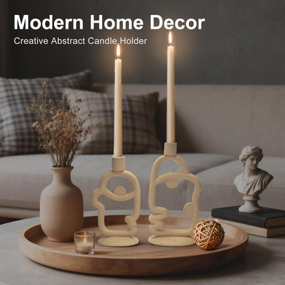 Skiennix Face Decorative Taper Candle Holder - Modern Abstract Design | Beige Tall Centerpiece Decor