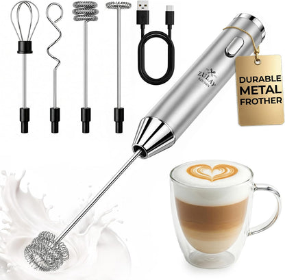 Zulay Kitchen Metal Rechargeable Milk Frother, 3 Whisk Attachments Handheld Frother Wand, 1800mAh USB-C Charging, Electric Drink Mixer for Protein, Matcha & Powders - One Charge Lasts up to 6 Months