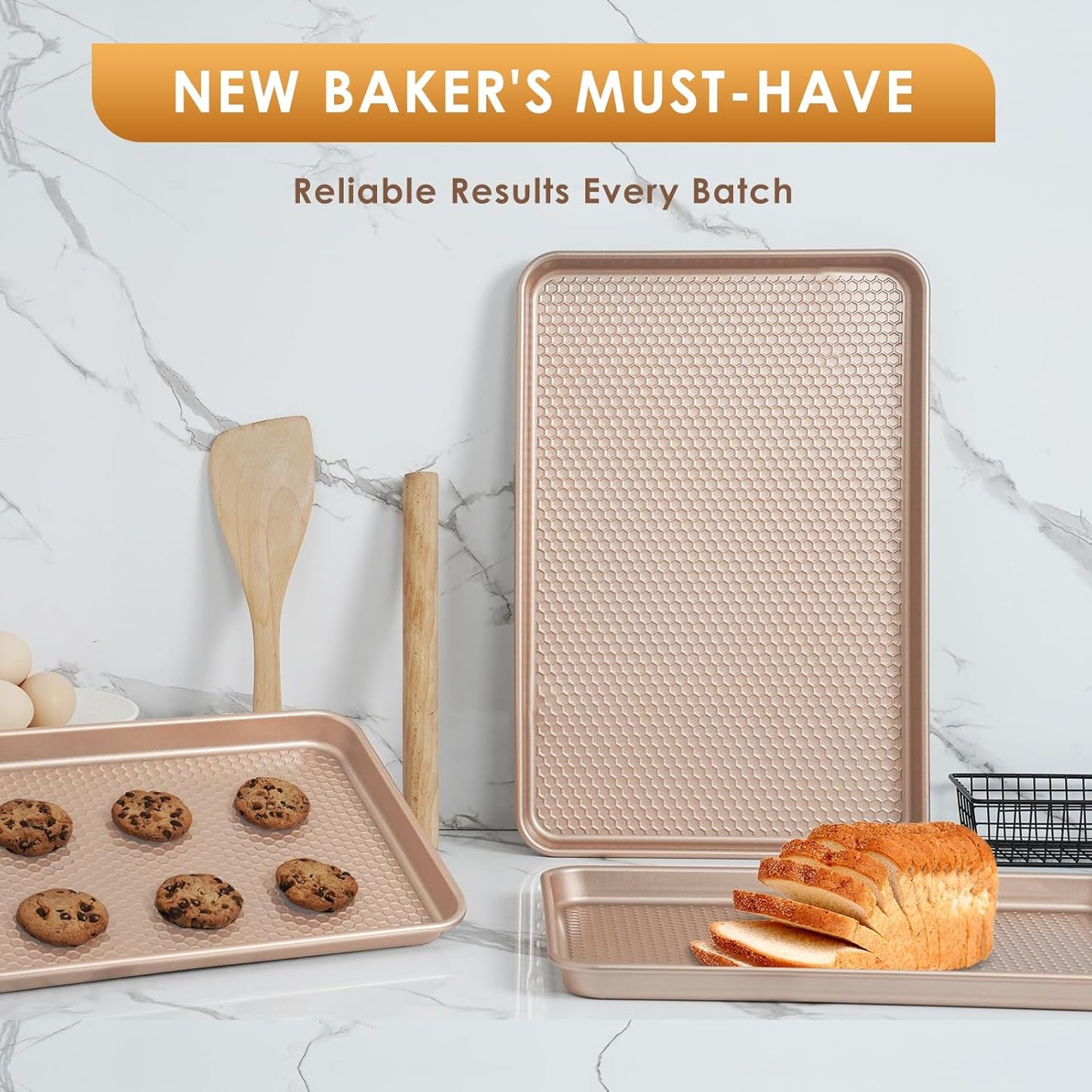 Skiennix Nonstick Baking Sheet Pan Set - 3 Heavy-Duty Carbon Steel Cookie Sheets | Easy Clean Rose Gold