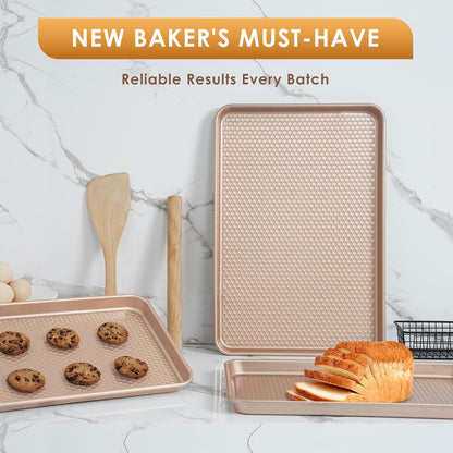Skiennix Nonstick Baking Sheet Pan Set - 3 Heavy-Duty Carbon Steel Cookie Sheets | Easy Clean Rose Gold