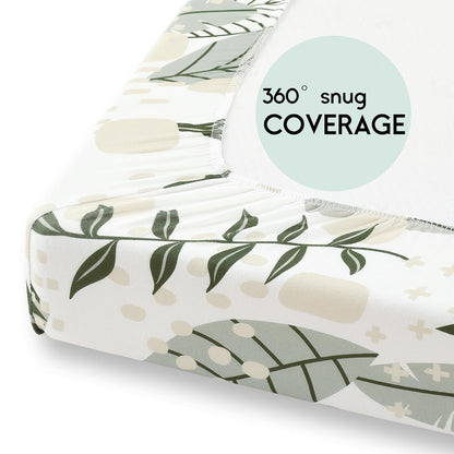 Yoofoss Fitted Pack and Play Sheets - Soft, Breathable Mini Crib Sheets 2-Pack (Green & Banana Leaves)