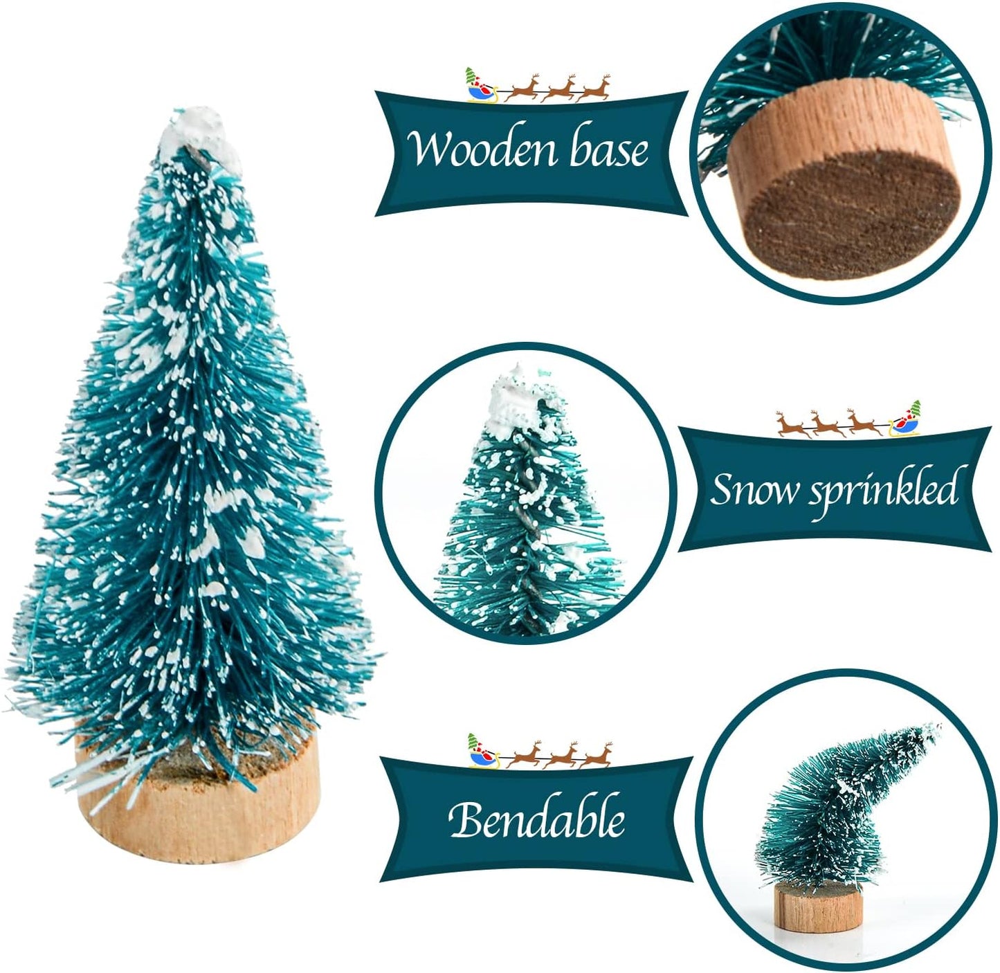 Skiennix Mini Bottle Brush Christmas Trees - 24 Pack with Wood Base | Blue-Green Winter Ornaments for Crafts
