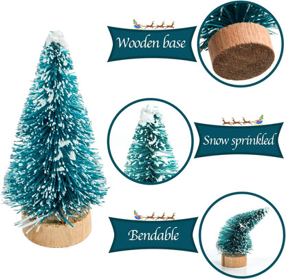 Skiennix Mini Bottle Brush Christmas Trees - 24 Pack with Wood Base | Blue-Green Winter Ornaments for Crafts