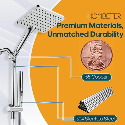 Hombeter Hombeter High Pressure Rain Shower Head with Handheld Combo, 10 Inch Square Rainfall Showerhead, Adjustable Slide Bar Dual Shower System, 3 Spray Modes, 59" Stainless Steel Hose,Chrome