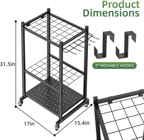 LAKEMID Garden Tool Organizer Stand - Mobile Yard Tool Rack with 2 Hooks | Holds Up to 42 Tools