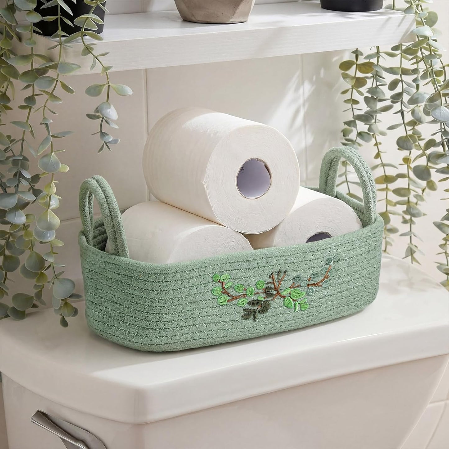 Vesici Eucalyptus Toilet Paper Basket - Woven Cotton Rope Organizer for Bathroom | 13 x 6 x 4 Inch