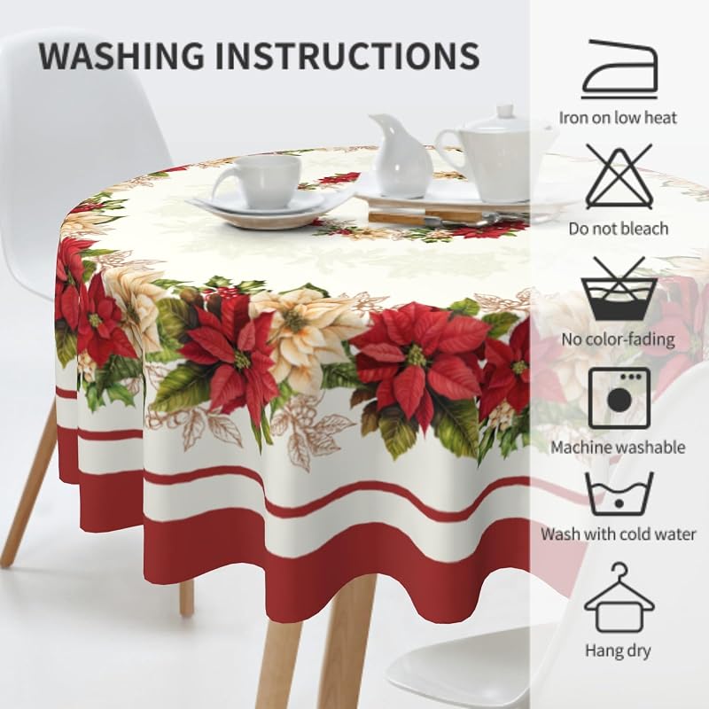 60-Inch Round Christmas Tablecloth with Winter Floral Leaves - Aytipun