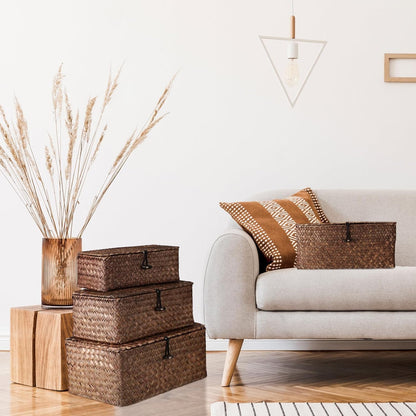 Woanger Wicker Storage Baskets Set of 4 - Handwoven Organizers with Lids for Home Office | Coffee Color
