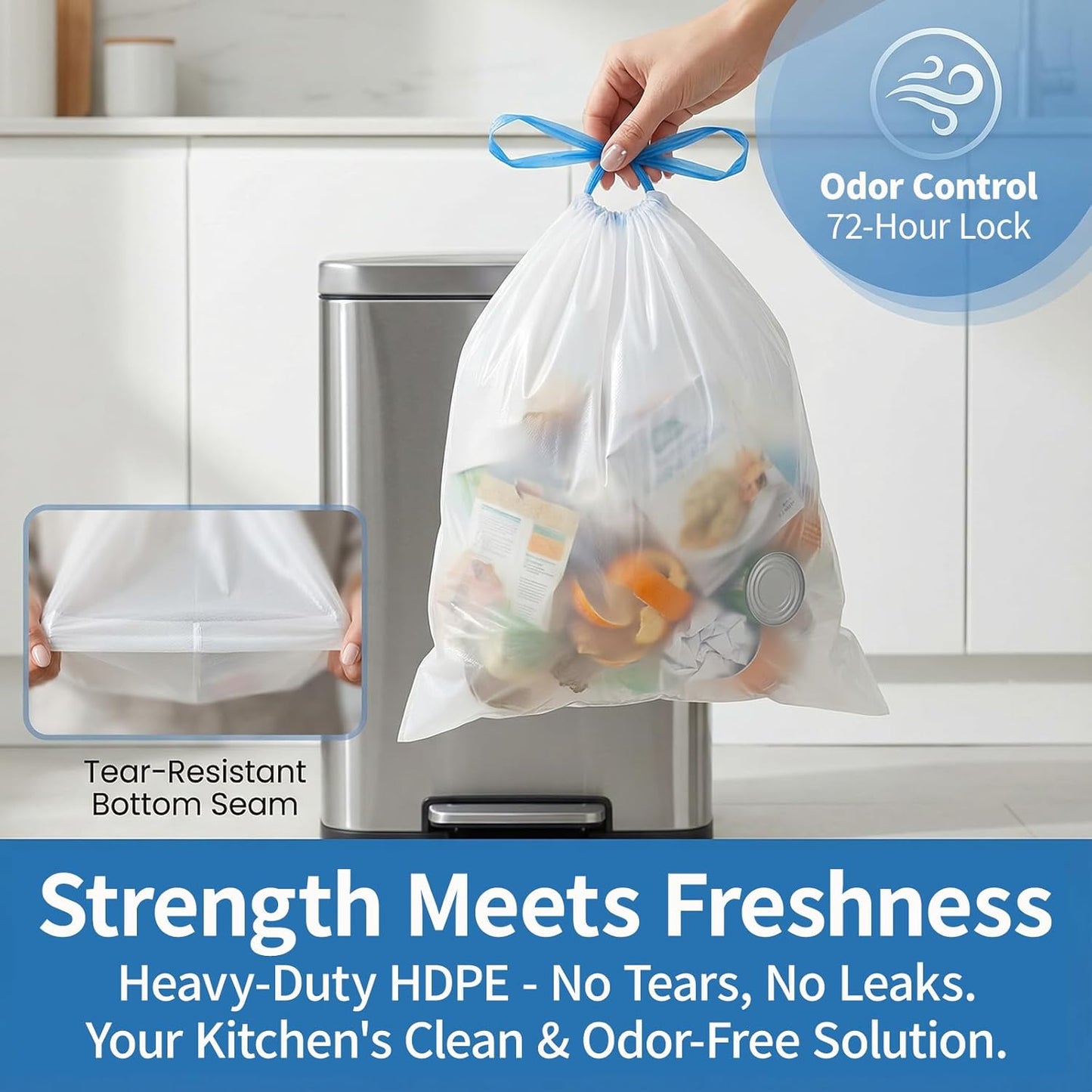 Skiennix 150 Count Drawstring Trash Bags - Heavy Duty 1.1 Mil Unscented 4 Gallon Liners for Bathroom & Office