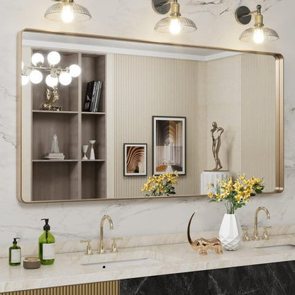 LOAAO Gold Bathroom Mirror - 60”x30” Rounded Rectangle Design | Anti-Rust Tempered Glass, Wall-Mounted