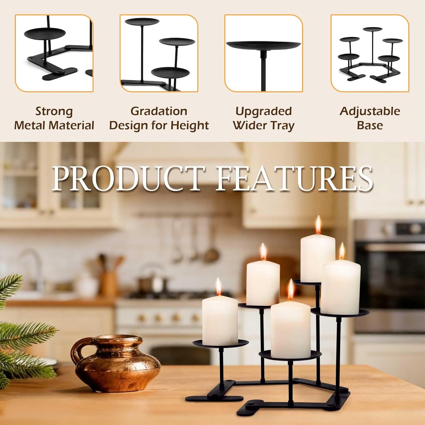 Skiennix Adjustable Candelabra Candle Holder - Elegant 5-Candle Iron Design for Pillar Candles | Black Finish