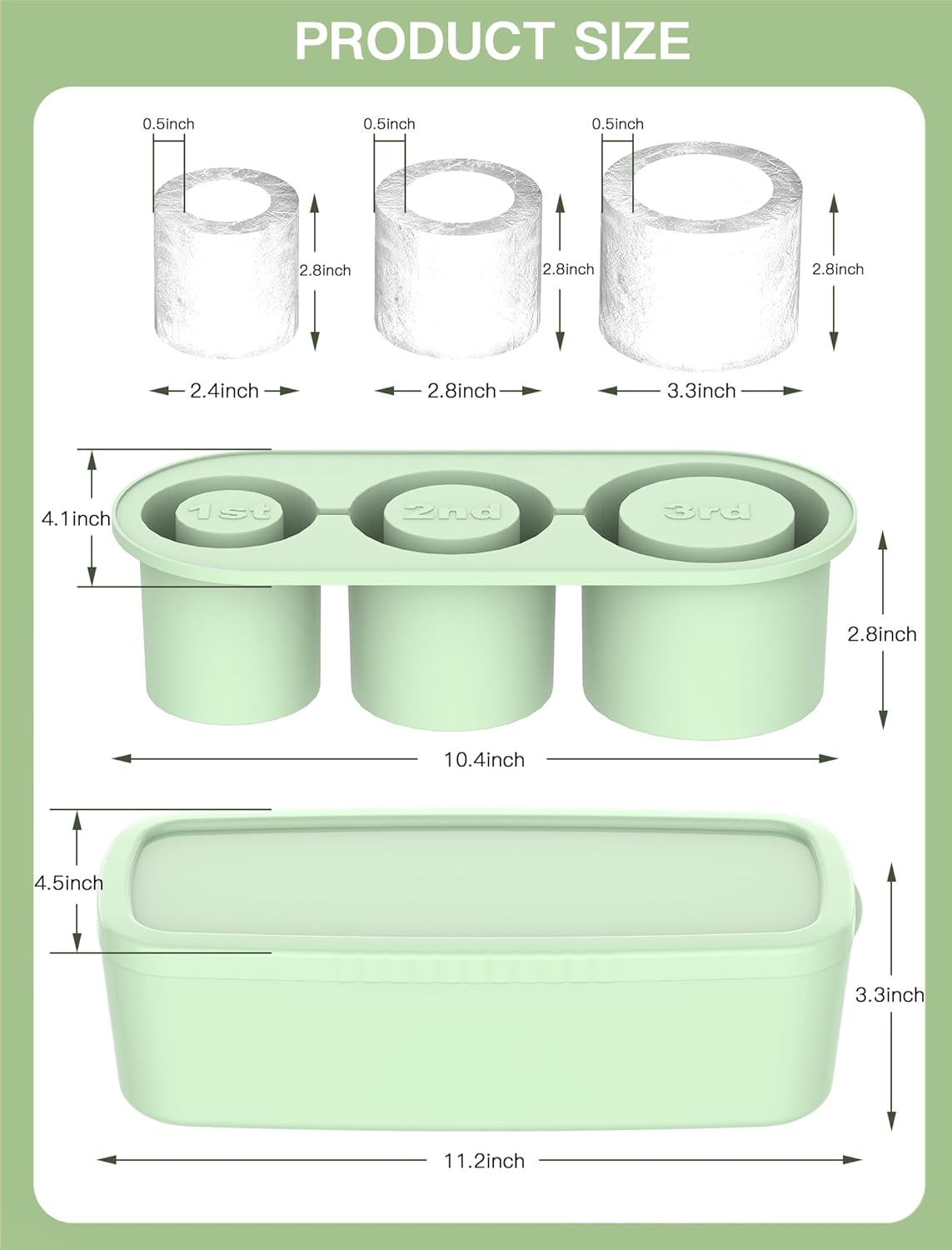 Skiennix Ice Cube Tray - 3 Pcs Silicone Cylinder Molds with Lid for 30Oz-40Oz Tumblers | BPA-Free, Easy Release, Green