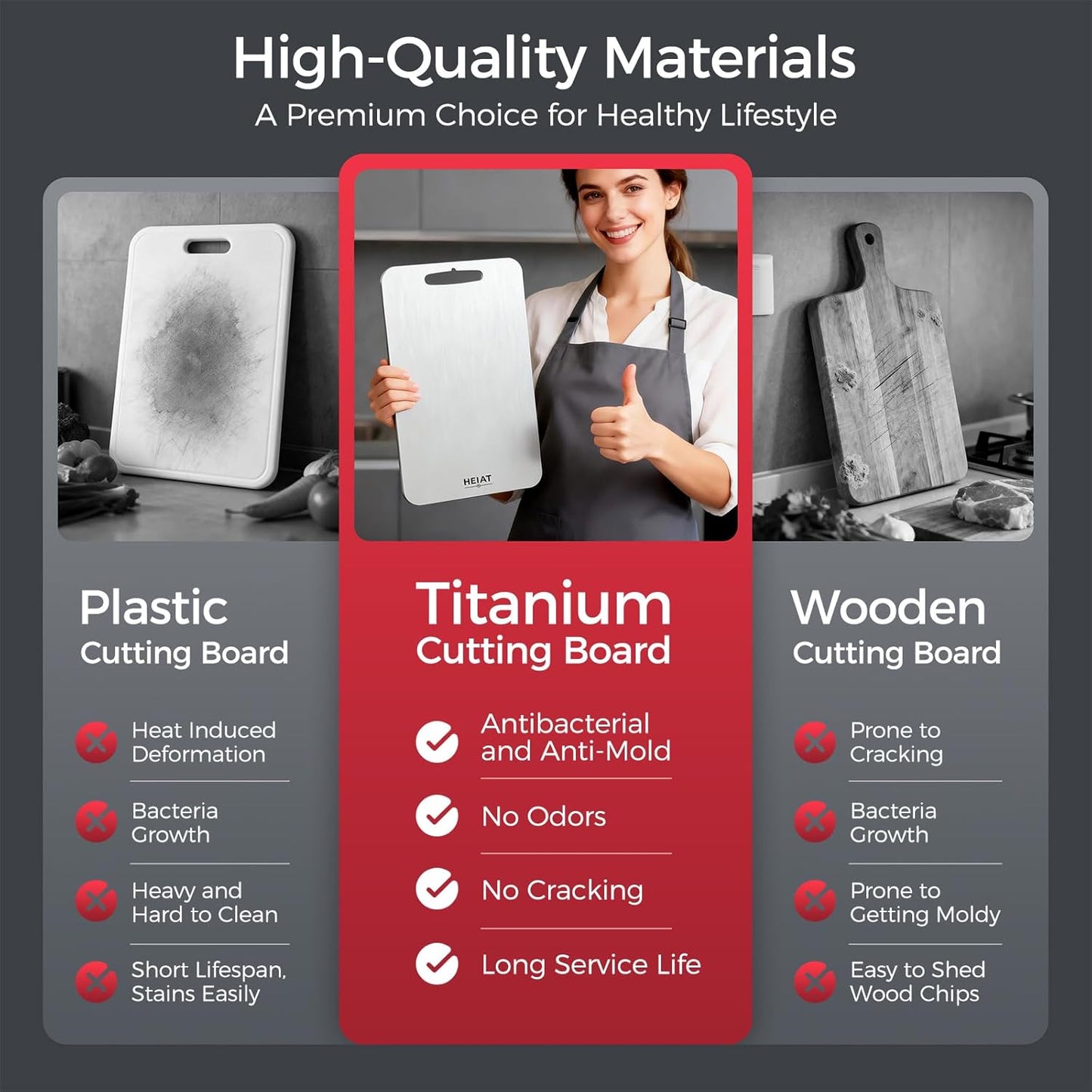 Titanium Cutting Board Set - 100% Pure Non-Toxic Double-Sided Kitchen Boards | Includes 3 Sizes