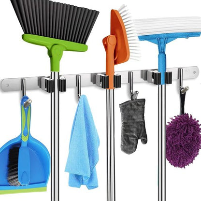 Homely Center Mop and Broom Holder Wall Mount - Heavy-Duty Organizer for Garage & Kitchen | 3 Racks & 4 Hooks