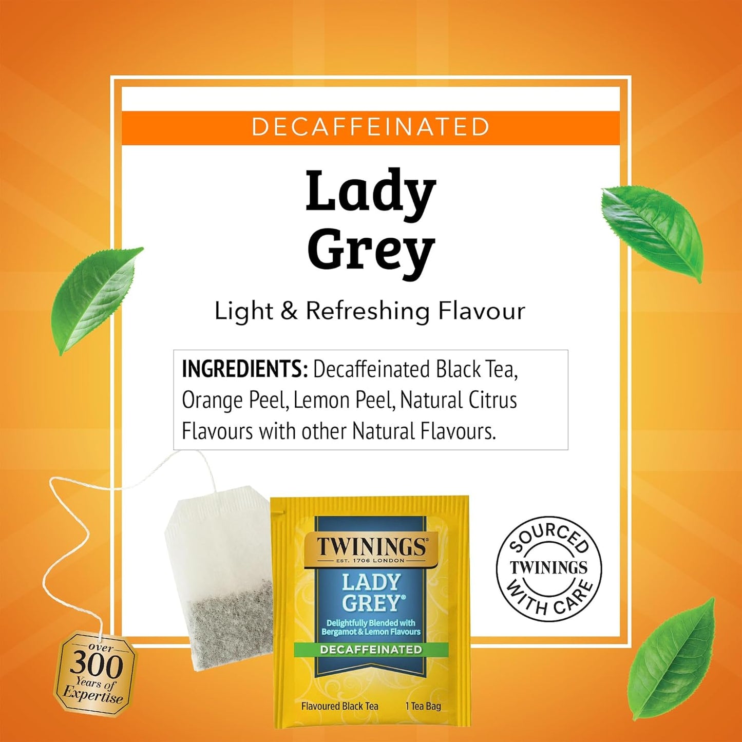 Twinings Decaffeinated Lady Grey Black Tea - Individually Wrapped 20 Count | Orange & Lemon Peel Flavor