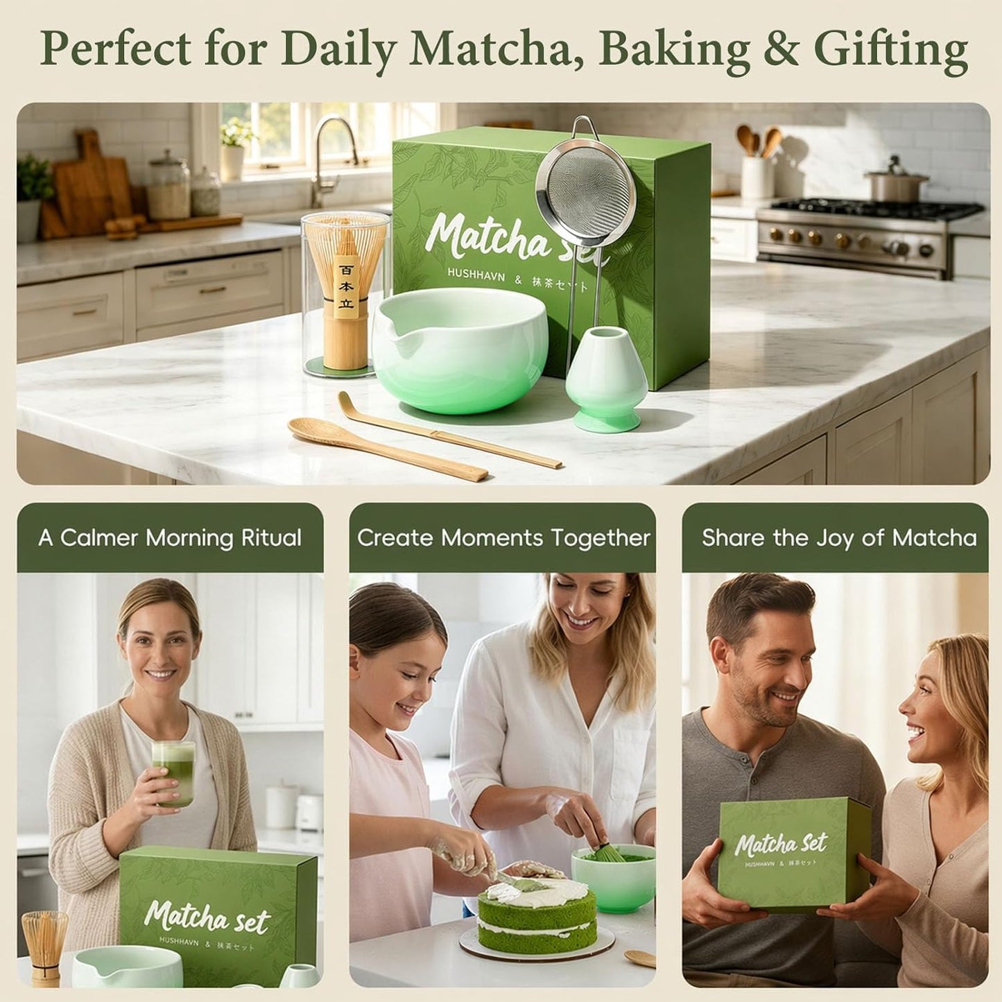 Skiennix Matcha Whisk Set - Complete 6PCS Ceramic Kit with Bowl, Bamboo Whisk, Scoop & Sifter - Green