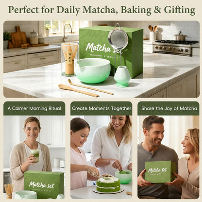 Skiennix Matcha Whisk Set - Complete 6PCS Ceramic Kit with Bowl, Bamboo Whisk, Scoop & Sifter - Green