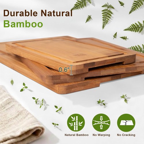 Bamboo Cutting Board Set by Skiennix - Space-Saving Design with Juice Groove & Grip Handle - Perfect for Meal Prep & Charcuterie