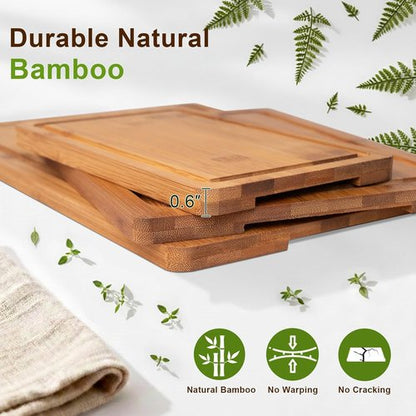 Bamboo Cutting Board Set by Skiennix - Space-Saving Design with Juice Groove & Grip Handle - Perfect for Meal Prep & Charcuterie