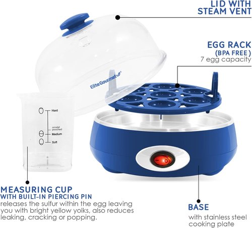Elite Gourmet Easy Egg Cooker - Electric 7-Egg Capacity with Auto Shut-Off & Measuring Cup - Classic Blue