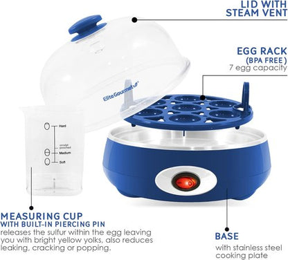 Elite Gourmet Easy Egg Cooker - Electric 7-Egg Capacity with Auto Shut-Off & Measuring Cup - Classic Blue
