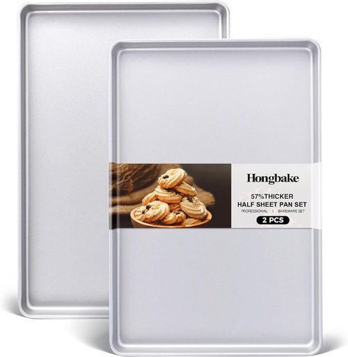 HONGBAKE Nonstick Half Baking Sheet Pan Set of 2 | Heavy Duty Cookie Trays - Dishwasher Safe, Silver