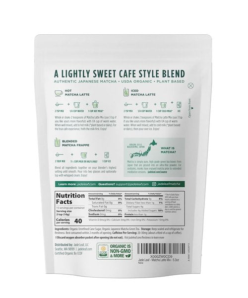 Jade Leaf Matcha Organic Matcha Latte Mix - Lightly Sweet Japanese Matcha Green Tea Powder with Organic Cane Sugar for Café Style Blend, 5.3 Ounce / 150g (Pack of 1)