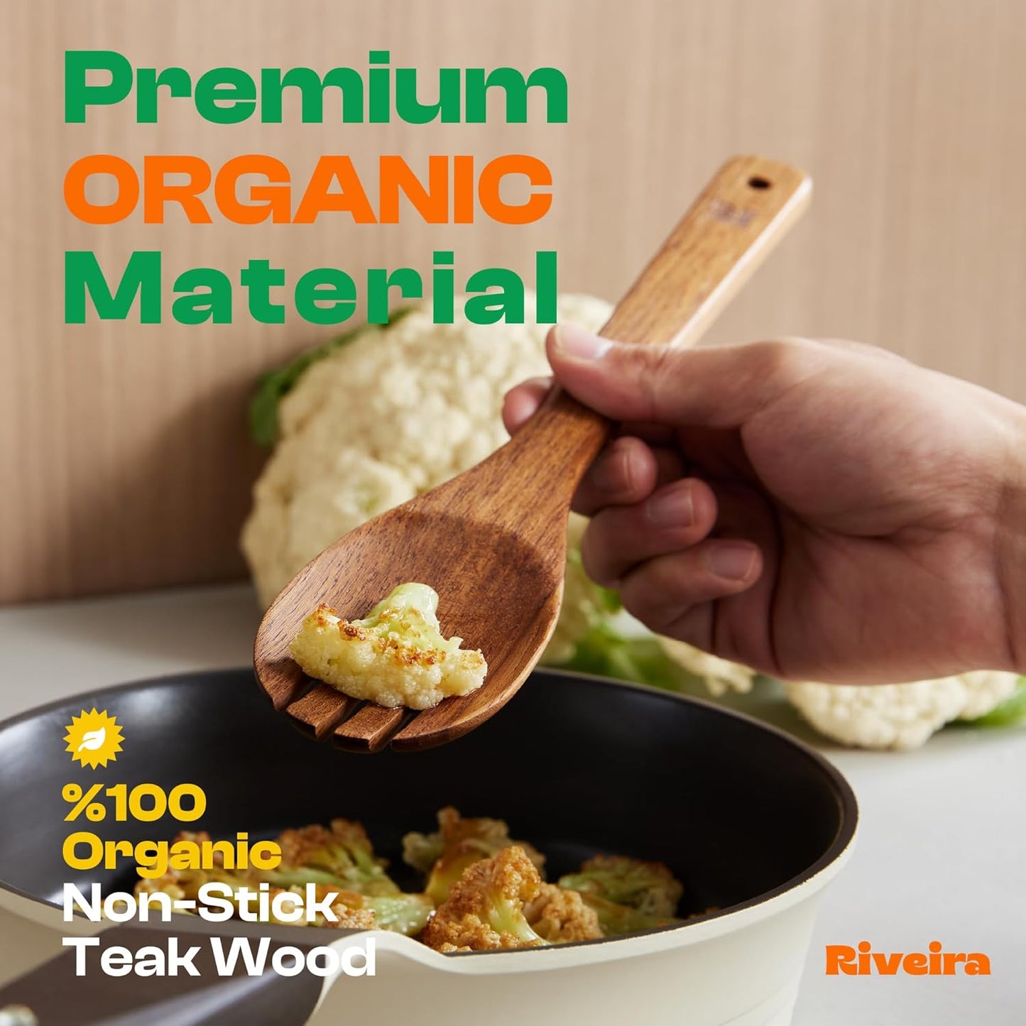 Riveira Teak Wooden Cooking Spoons Set of 6 - Premium Natural Teak Utensils for Non-Toxic Cooking