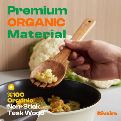 Riveira Teak Wooden Cooking Spoons Set of 6 - Premium Natural Teak Utensils for Non-Toxic Cooking