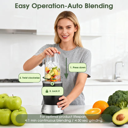 Smoothie Blender - 25000 RPM Portable Countertop Blender with 37oz, 32oz, 23oz Cups & 3 Lids