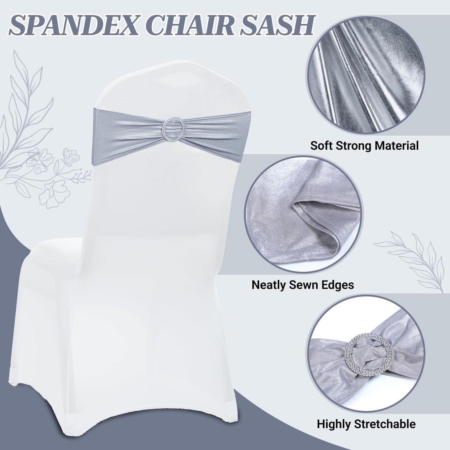 MDS Spandex Foil Chair Sashes - Universal Elastic Stretch Bow Ties with Buckle | Metallic Silver, Pack of 75