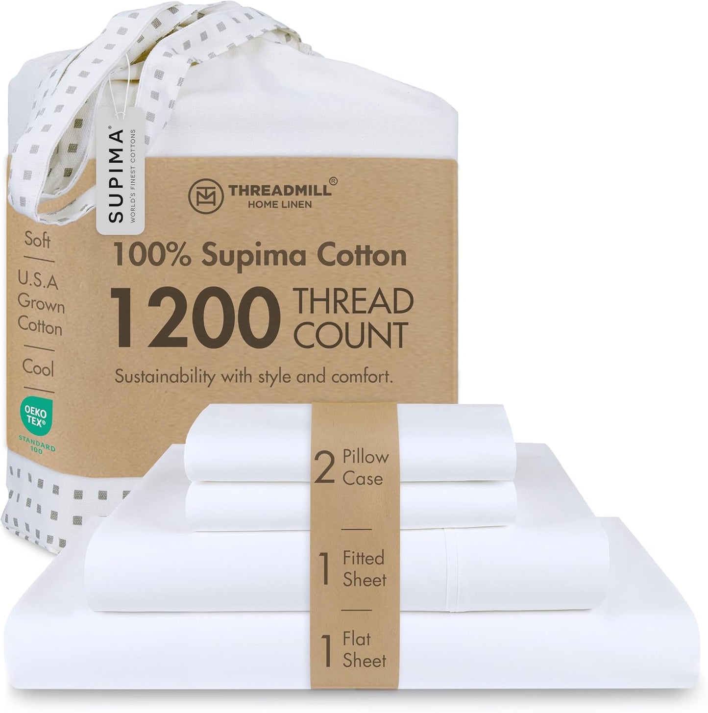 Threadmill 100% American Certified Supima Cotton King Size Sheets - 1200 Thread Count, Ultra Luxury 4-Pc Set, Deep Pocket - White
