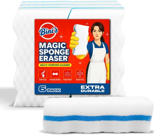 BINI'S Magic Sponge Eraser - Extra Durable Multi-Purpose Cleaner Pads | 6 Count for Shoes, Bathroom & Car