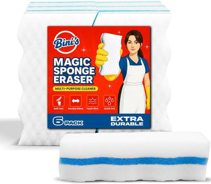 BINI'S Magic Sponge Eraser - Extra Durable Multi-Purpose Cleaner Pads | 6 Count for Shoes, Bathroom & Car