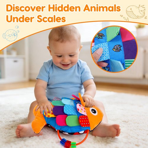 Baby Sensory Tummy Time Toys 0-6 Months Music Fish Toy for Infant 3 4 5 6 Month Old Black and White High Contrast Newborn Toys with Mirror Crinkle Rattle for 3-6 6-12 Months Baby Boy Girl Shower Gifts