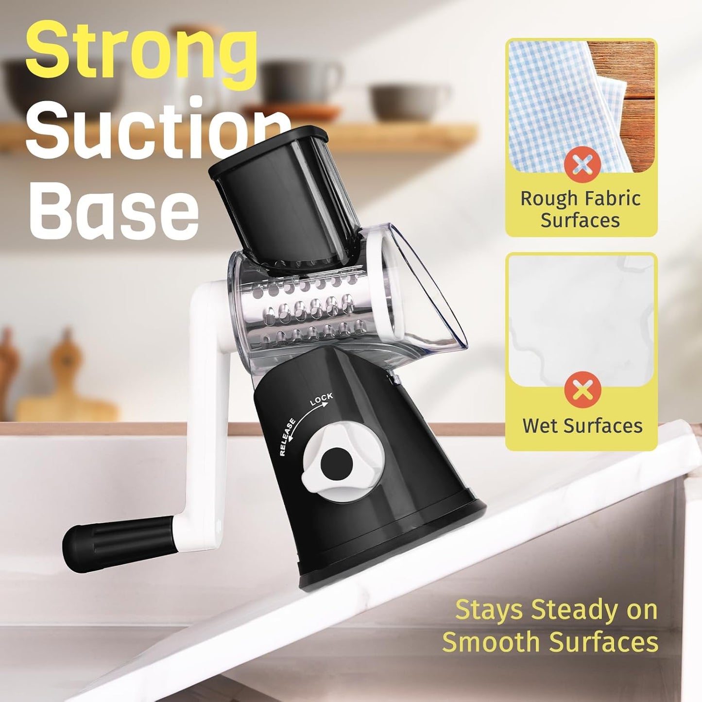 Rotary Cheese Grater - Hand Crank with 3 Interchangeable Blades | Strong Suction Base & No-Cut-Hands Design - Black