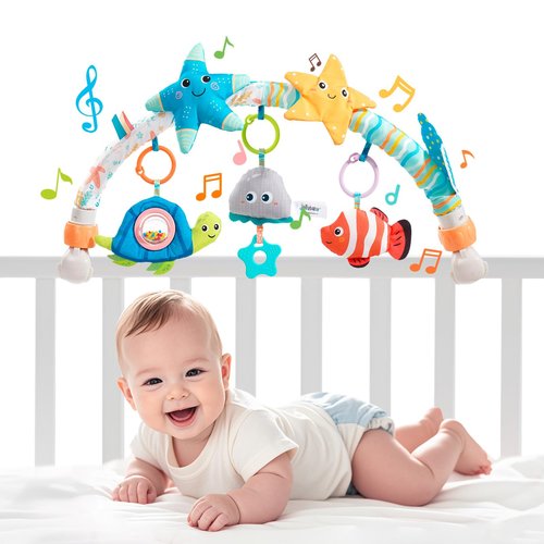Jollybaby Musical Bassinet Stroller Crib Mobile Toy for Baby 0-6-12 Months, Infant Clip On Arch Hanging Toy with Music Box for Bjorn Bouncer, Portable Mobile Attachment Toy for Newborn Gift - Starfish
