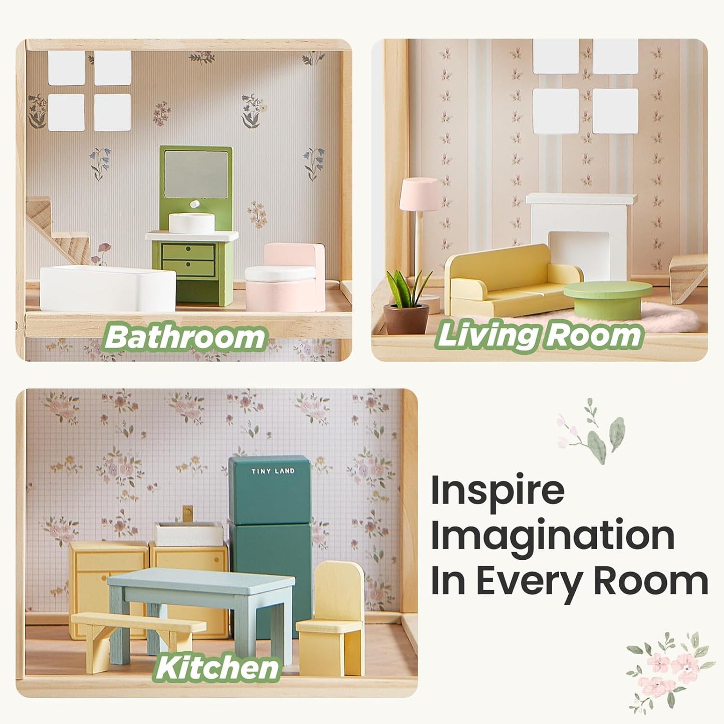 Tiny Land Wooden Dollhouse - 6 Rooms DIY Pretend Play House with 31 Furniture Pieces | Green Gift for Girls Ages 3+