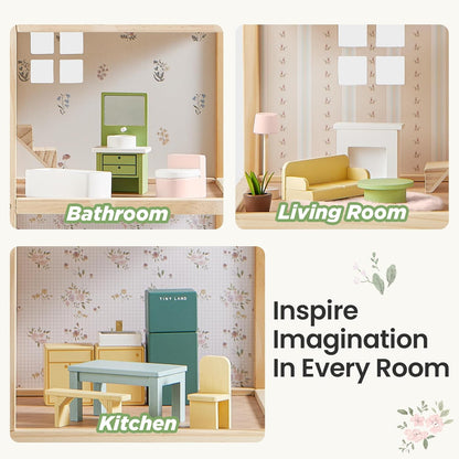Tiny Land Wooden Dollhouse - 6 Rooms DIY Pretend Play House with 31 Furniture Pieces | Green Gift for Girls Ages 3+
