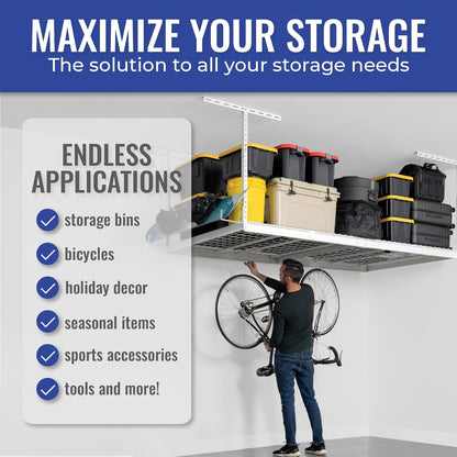 SafeRacks Overhead Storage Rack - Adjustable 4 ft x 8 ft | 24 in - 45 in Height, White with 5-Piece Hook Set