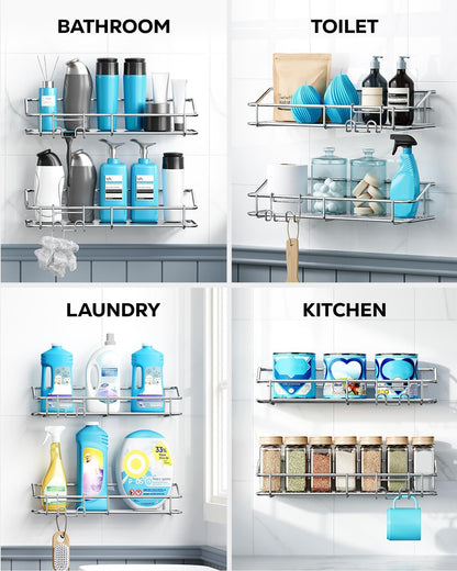 Nieifi Shower Caddy Shelf | Adhesive Stainless Steel Storage Rack with Hooks - 2 Pack for Bathroom & Kitchen