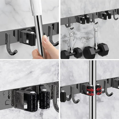 Skiennix Mop and Broom Holder - Heavy Duty Wall Mount Organizer with 5 Racks & 4 Hooks | Non-Slip Storage Solution for Home & Garage