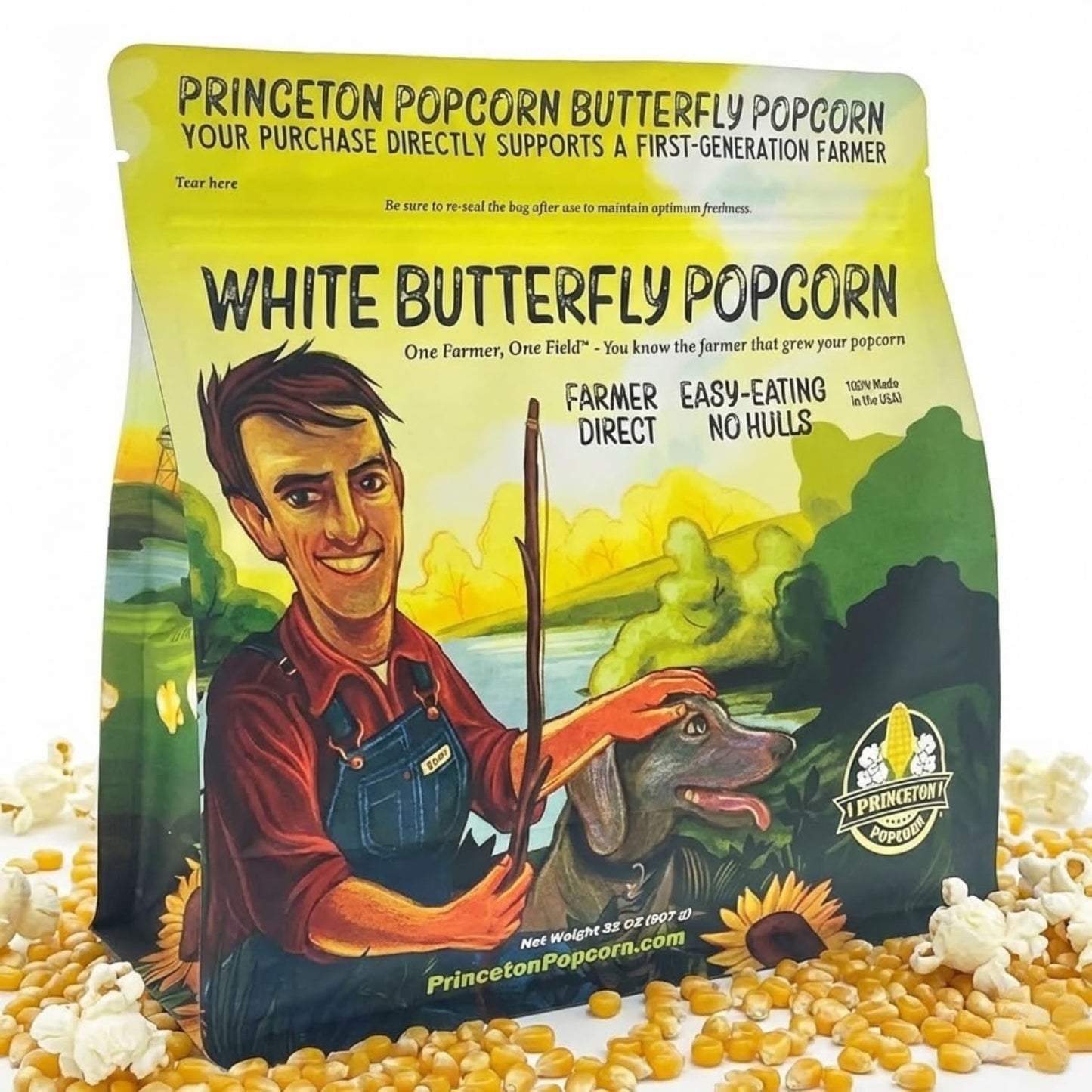 Princeton Farmer Bob's Baby White Popcorn Kernels - Tender Hulless 2lb Bag | Fresh, Delicious Flavor for Oil, Microwave, or Air Popper
