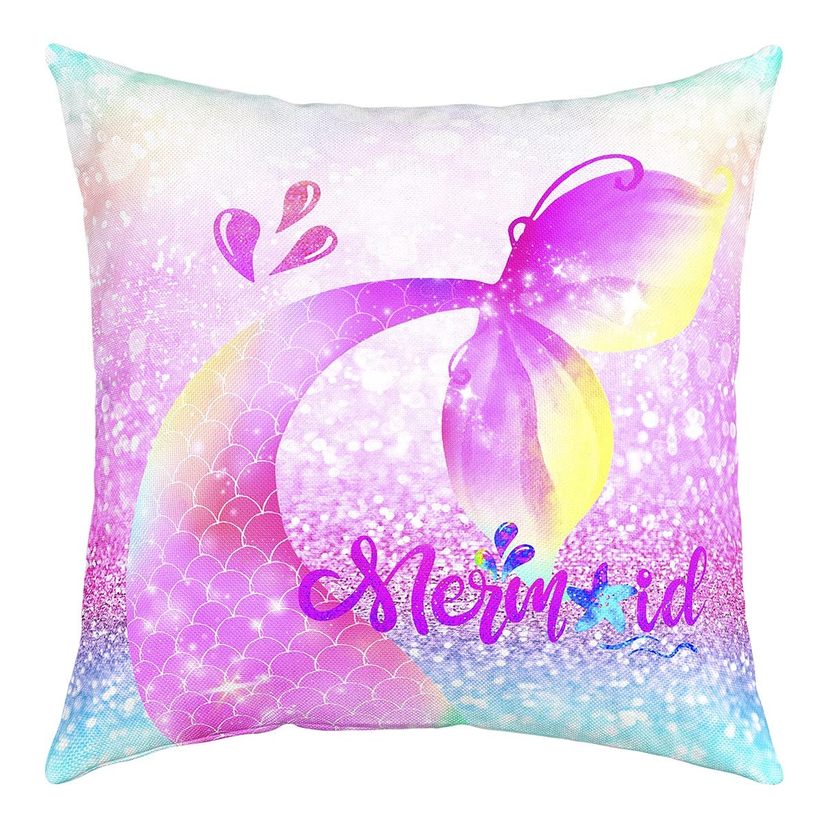 Pack of 4 Mermaid Decor Throw Pillow Covers, Soft Glitter Print (No Glitter) Pastel Fish Scales Square Cushion Case Set for Sofa Living Room, Girly Rainbow Pillow Cases Pillowcases, 18x18 Inches