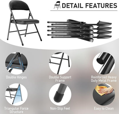 Black Folding Chairs - Heavy-Duty Steel Frame, 350LBS Capacity | 6-Pack for Indoor/Outdoor Events