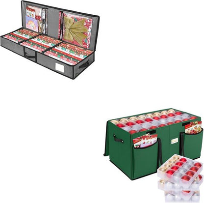 BALEINE Soft Christmas Wrapping Paper Storage Bag - Ornament Storage Box with Dividers (Holds 128 Balls)